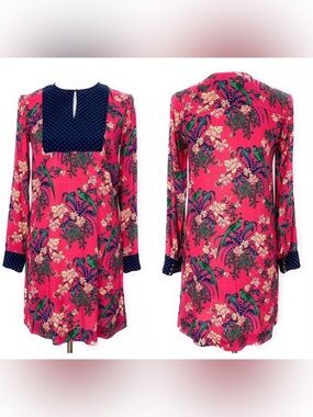 Anthropologie Maeve long sleeve whimsical boho eclectic pheasant print dress 10